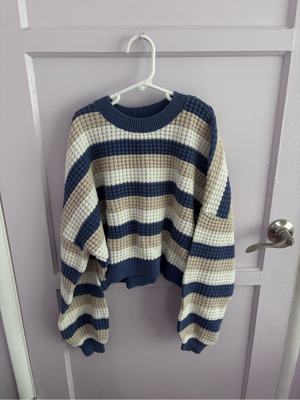 Hollister Striped Waffle-Knit Crewneck Sweater - Navy, Cream & Tan - Picture 1 of 2